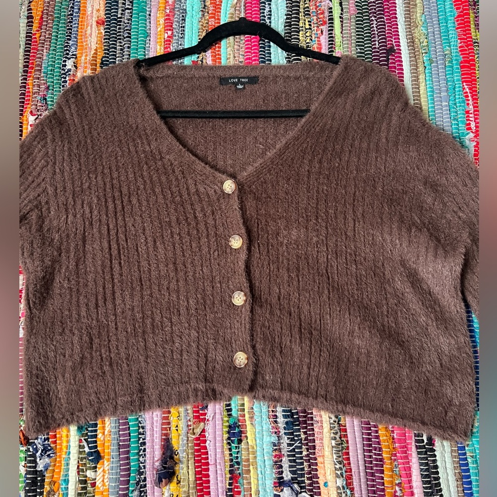Love Tree Brown Ribbed Knit Cardigan Sweater Size Large L Long Sleeve Cropped